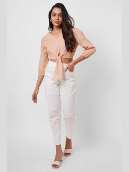 Western Era - Picnic Wear Front Knot Orange Cotton Linen Top