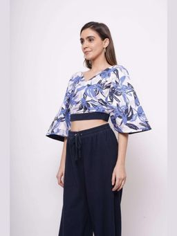 Western Era - V Neck Blue Printed Linen Top