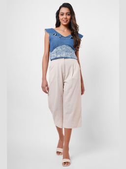 Western Era - Waist Embroidered Blue Linen Top