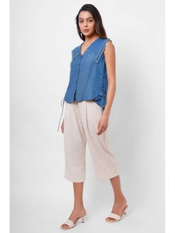 Western Era - Scalloped Edge Collars Blue Linen Top With Drawstrings