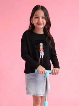 U.S. POLO ASSN. - Girls Black Cotton Graphic Full Sleeves Crew Neck T-Shirt