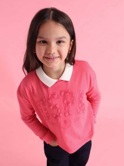 U.S. POLO ASSN. - Girls Pink Cotton Typography Full Sleeves Collar Neck T-Shirt
