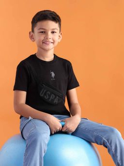 U.S. POLO ASSN. - Boys Black Cotton Solid Half Sleeves Crew Neck T-Shirt