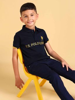 U.S. POLO ASSN. - Boys Navy Blue Cotton Typography Half Sleeves Collar Neck Polo T-Shirt