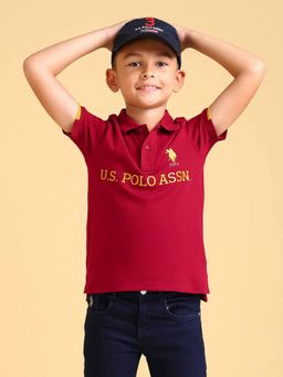 U.S. POLO ASSN. - Boys Maroon Cotton Typography Half Sleeves Collar Neck Polo T-Shirt