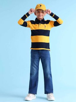 U.S. POLO ASSN. - Boys Yellow Cotton Stripes Full Sleeves Collar Neck Polo T-Shirt