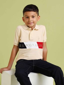 U.S. POLO ASSN. - Boys Cream Cotton Graphic Half Sleeves Collar Neck Polo T-Shirt