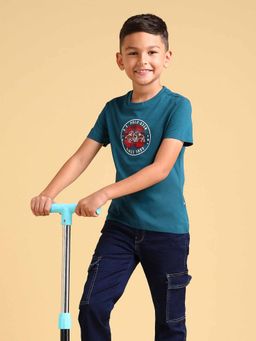 U.S. POLO ASSN. - Boys Teal Cotton Graphic Half Sleeves Crew Neck T-Shirt