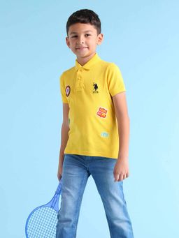 U.S. POLO ASSN. - Boys Yellow Cotton Solid Half Sleeves Collar Neck Polo T-Shirt
