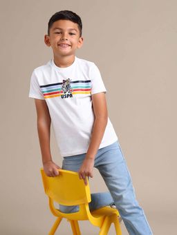 U.S. POLO ASSN. - Boys White Cotton Stripes Half Sleeves Crew Neck T-Shirt