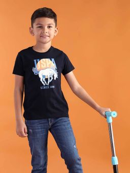 U.S. POLO ASSN. - Boys Navy Blue Cotton Graphic Half Sleeves Crew Neck T-Shirt