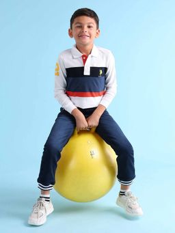 U.S. POLO ASSN. - Boys White Cotton Colorblock Full Sleeves Collar Neck Polo T-Shirt