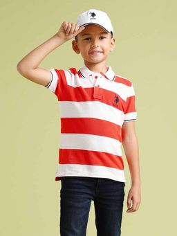U.S. POLO ASSN. - Boys Red Cotton Stripes Half Sleeves Collar Neck Polo T-Shirt