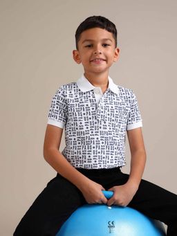 U.S. POLO ASSN. - Boys White Cotton Typography Half Sleeves Collar Neck Polo T-Shirt