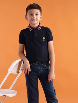 U.S. POLO ASSN. - Boys Navy Blue Cotton Solid Half Sleeves Collar Neck Polo T-Shirt