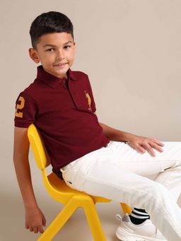 U.S. POLO ASSN. - Boys Maroon Cotton Solid Half Sleeves Collar Neck Polo T-Shirt