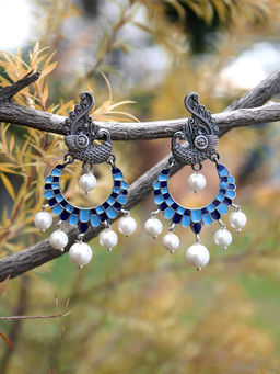 Adwitiya - Women Silver-Plated Peacock Shaped Stone-Studded Oxidised Earrings