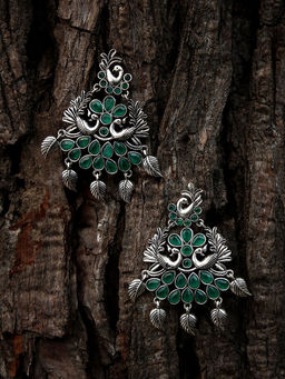Adwitiya - Women Silver-Plated Peacock Shapped Stone-studded Earrings