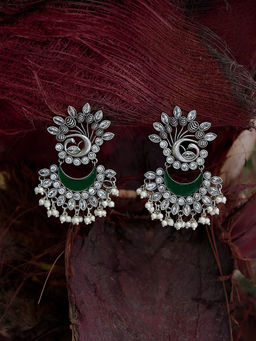 Adwitiya - Women Silver-Plated Green stone-studded Drops