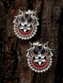 Adwitiya - Women Silver-Plated Peacock Shaped Stone-Studded Oxidised Earrings
