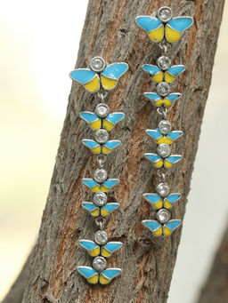 Adwitiya - Silver-Plated Oxidized Yellow & Blue butterfly Drop Earrings