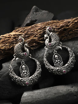 Adwitiya - Women Silver-Plated Peacock Stone-Studded Drop Earrings