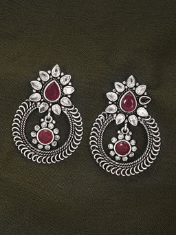 Adwitiya - Oxidised Silver-Plated & Maroon Stone-Studded Drop Earrings