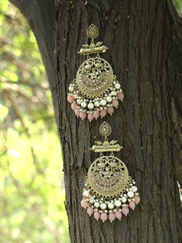 Adwitiya - 24CT Gold-Plated & Stone-Studded with Peach pearls Contemporary Chandbalis Earrings