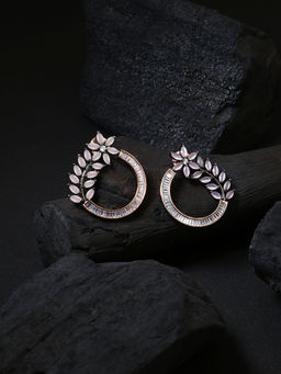 Adwitiya - Women Pink Stone Rose Gold-Plated Flower Stud Earrings