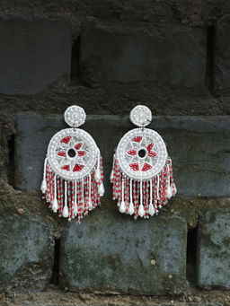 Adwitiya - Women White and Red Stone-Studded Circular Drop Earrings