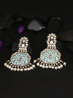 Adwitiya - Gold Plated Women Sky Blue Stone-Studded Geometric Drop Earrings