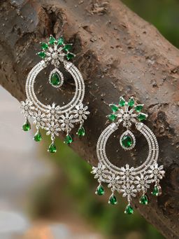 Adwitiya - Women Rhodium-Plated CZ Stone Green Crescent Shaped Drop Earrings