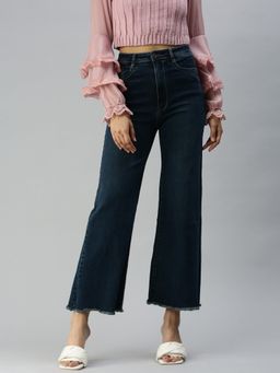 SHOWOFFFF - Women Clean Look Navy Blue Wide Leg Denim Jeans