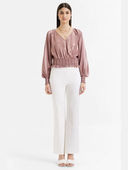 Kazo - Full Sleeve Wrap V-Neck Top with Smocking