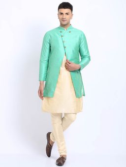 Treemoda - Men Green & Cream Coloured Raw Silk Kurta with Churidar Pyjama & Jacket (Set of 3)
