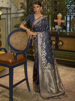 Akhilam - Womens Silk Blend Navy Blue Woven Designer Saree with Unstitched Blouse