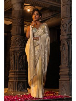 MONK & MEI - Hansini Embellished Gold Saree with Stitched Blouse