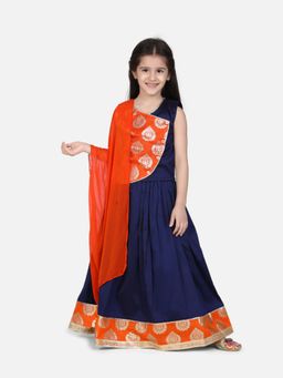 BownBee - Round Panel Foil Print Lehenga- Blue & Orange (Set of 3)