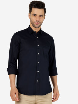 JadeBlue - Mens Solid Navy Blue Slim Fit Semi Casual Shirt