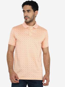 JadeBlue - Mens Peach Printed Slim Fit Polo T-Shirt