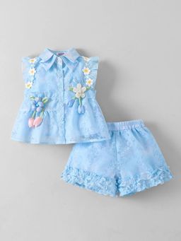 Hopscotch - Floral Applique Collared Top With Shorts