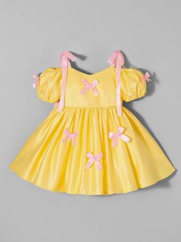 Hopscotch - Satin Bow Applique Puff Sleeves Dress
