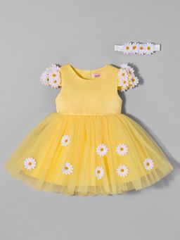 Hopscotch - Daisy Applique Cap Sleeves Dress With Hairband