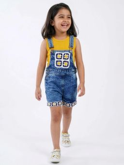 Hopscotch - Floral Crochet Patch T-Shirt With Dungaree