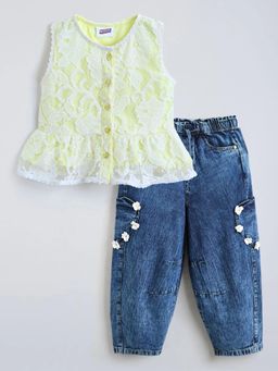 Hopscotch - Floral Applique Cotton Top With Jeans