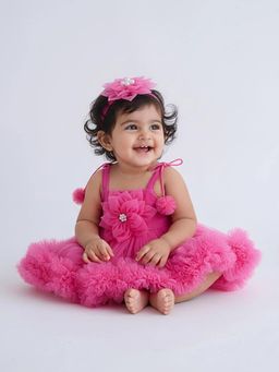 Hopscotch - Floral Applique Ruffled Dress With Hairband