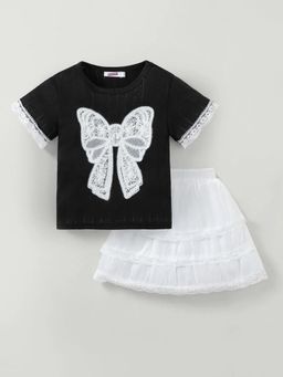 Hopscotch - Lace Bow Applique Top With Skirt
