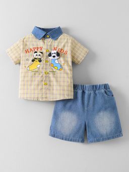 Hopscotch - Puppy Applique Checkered Shirt With Shorts