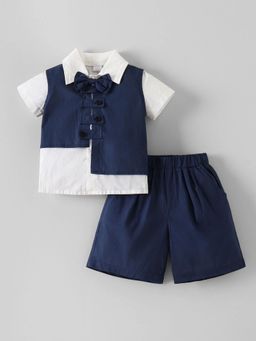 Hopscotch - Bow Applique Cotton Shirt With Shorts & Waist Coat