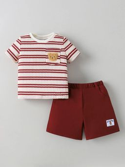 Hopscotch - Teddy Applique Striped T-Shirt With Shorts